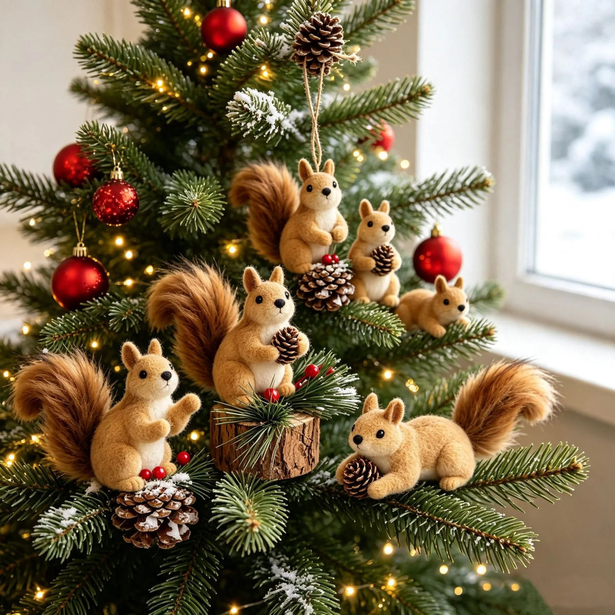 Squirrel Figurine Lifelike Handcrafted Felt & Wood