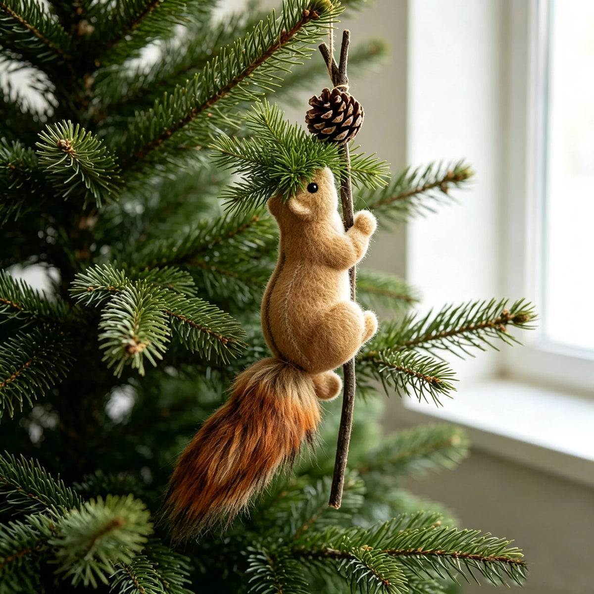Squirrel Figurine Lifelike Handcrafted Felt & Wood