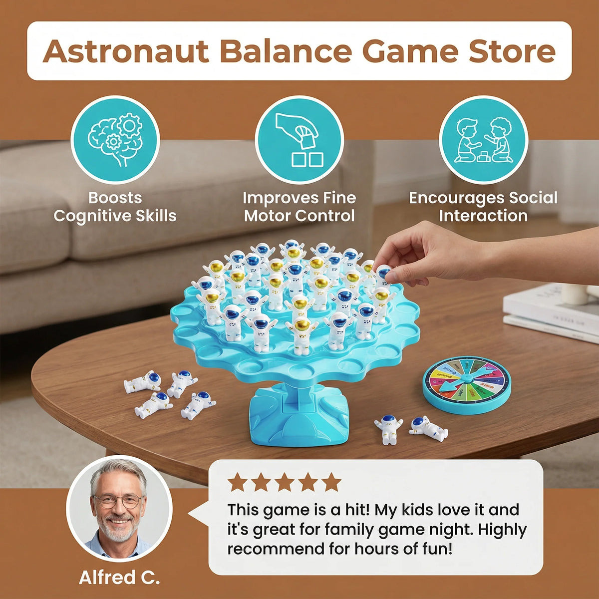 Stacking Balance Game Space-Themed Astronauts Spinner & Dice