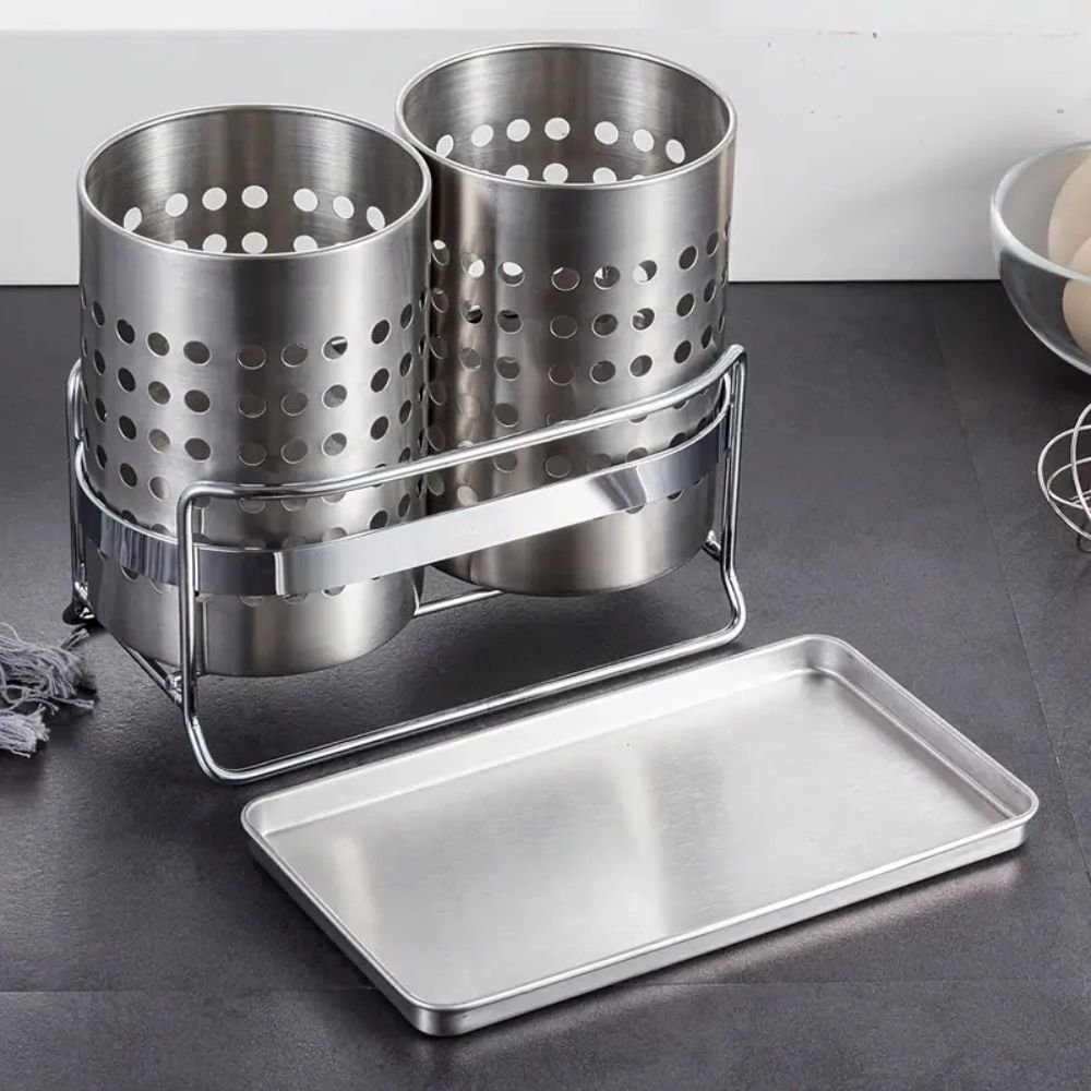 Stainless Steel Multi-Compartment Cutlery Organizer (With Drainage Tray)