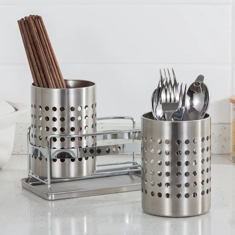 Stainless Steel Multi-Compartment Cutlery Organizer (With Drainage Tray)