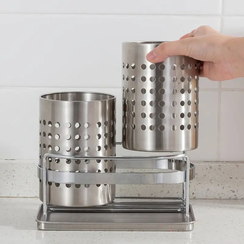 Stainless Steel Multi-Compartment Cutlery Organizer (With Drainage Tray)