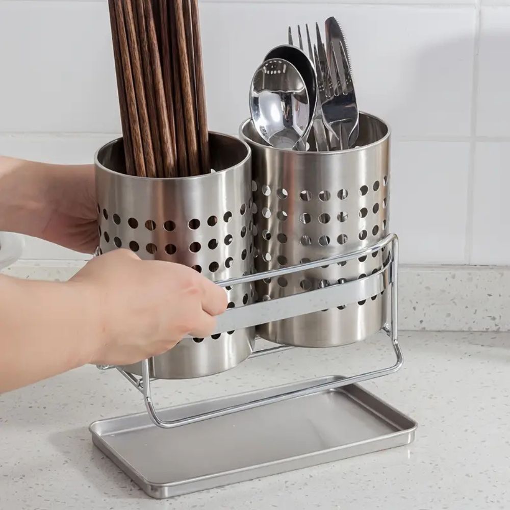 Stainless Steel Multi-Compartment Cutlery Organizer (With Drainage Tray)