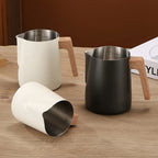 Stainless Steel Wood-Handle Milk Pitcher (Internal Scale)
