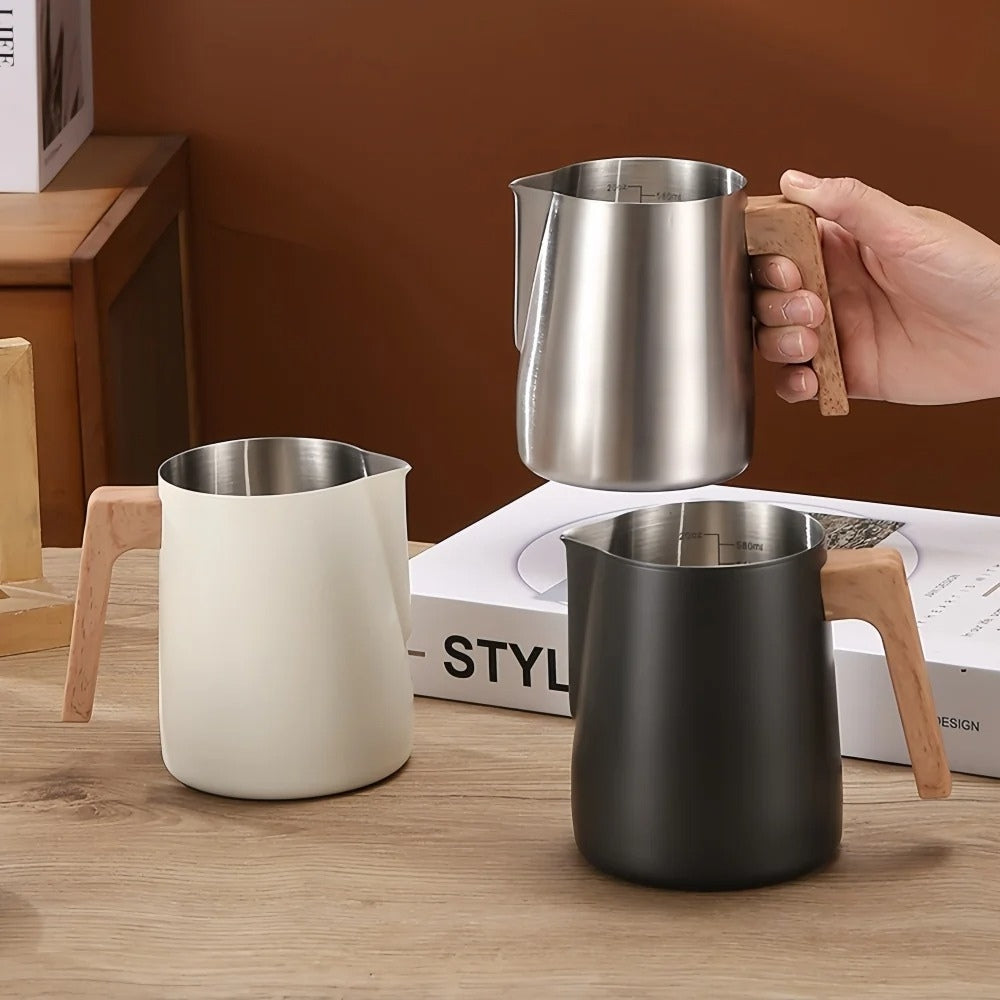 Stainless Steel Wood-Handle Milk Pitcher (Internal Scale)