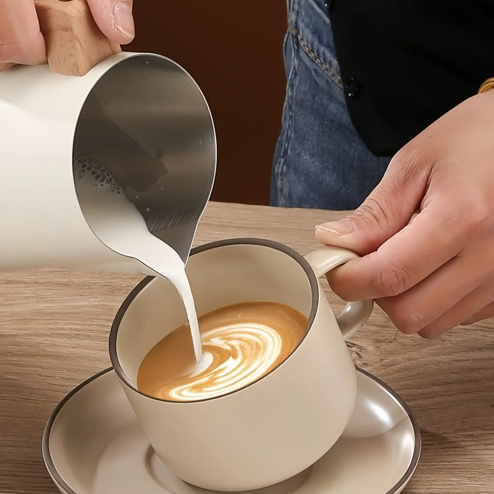 Stainless Steel Wood-Handle Milk Pitcher (Internal Scale)