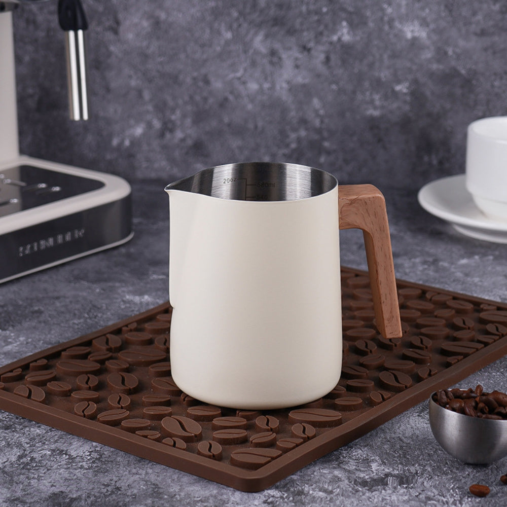 Stainless Steel Wood-Handle Milk Pitcher (Internal Scale)