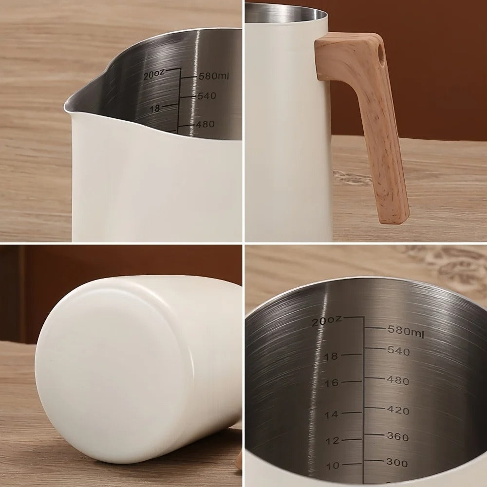 Stainless Steel Wood-Handle Milk Pitcher (Internal Scale)