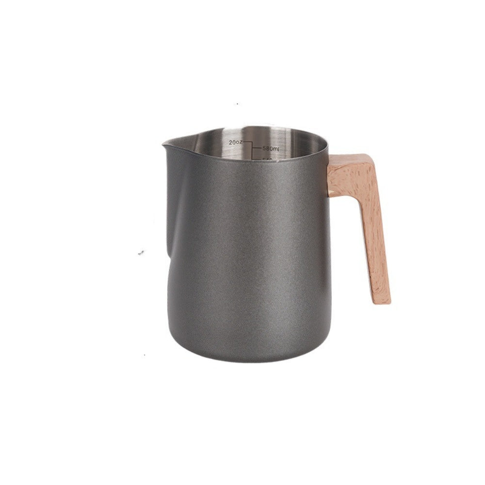 Stainless Steel Wood-Handle Milk Pitcher (Internal Scale)