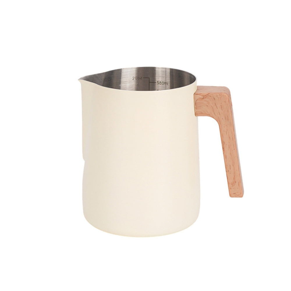 Stainless Steel Wood-Handle Milk Pitcher (Internal Scale)