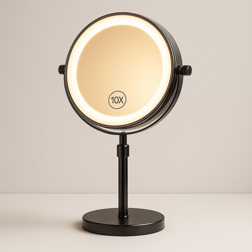 Standing Makeup Mirror 10X Magnification LED Lighting & Adjustable Height