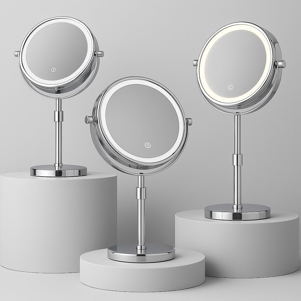 Standing Makeup Mirror 10X Magnification LED Lighting & Adjustable Height