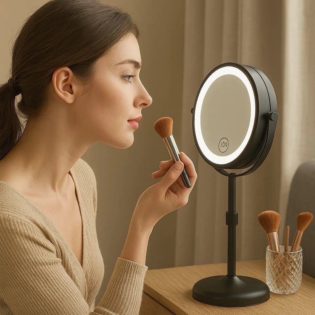 Standing Makeup Mirror 10X Magnification LED Lighting & Adjustable Height