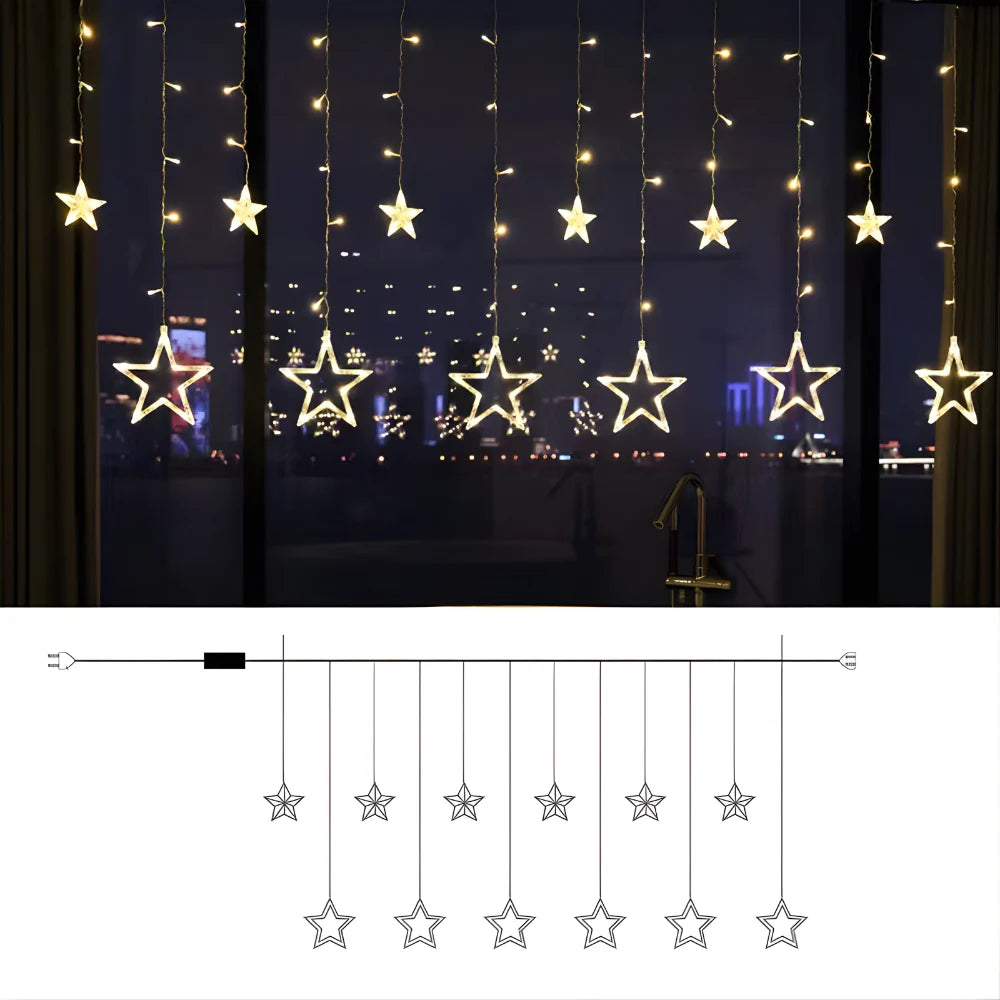 Star Curtain Lights Warm White Timer & Extra-Long Cord