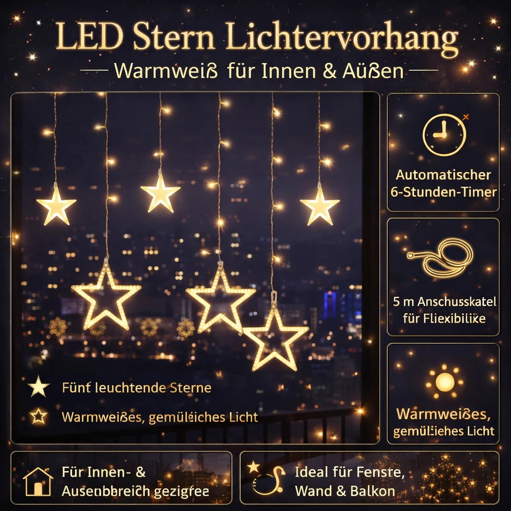 Star Curtain Lights Warm White Timer & Extra-Long Cord