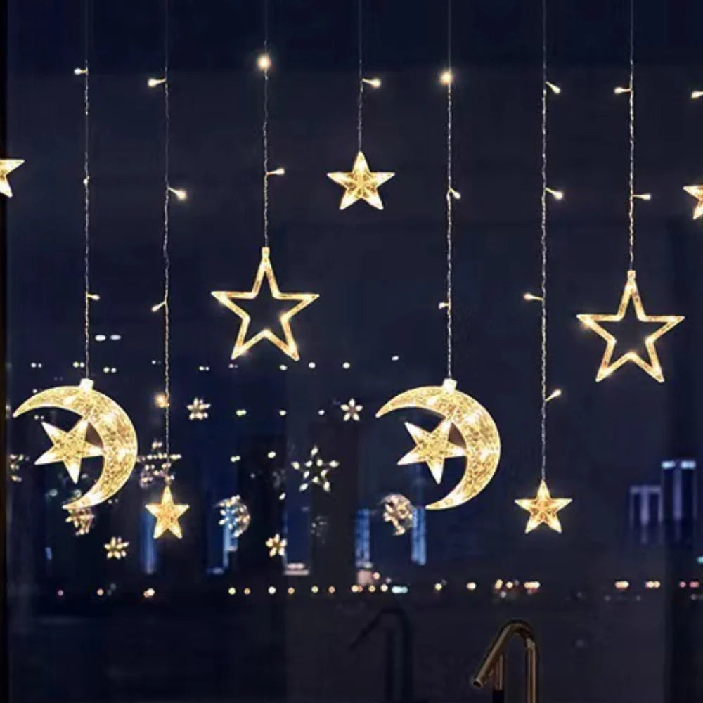Star Curtain Lights Warm White Timer & Extra-Long Cord