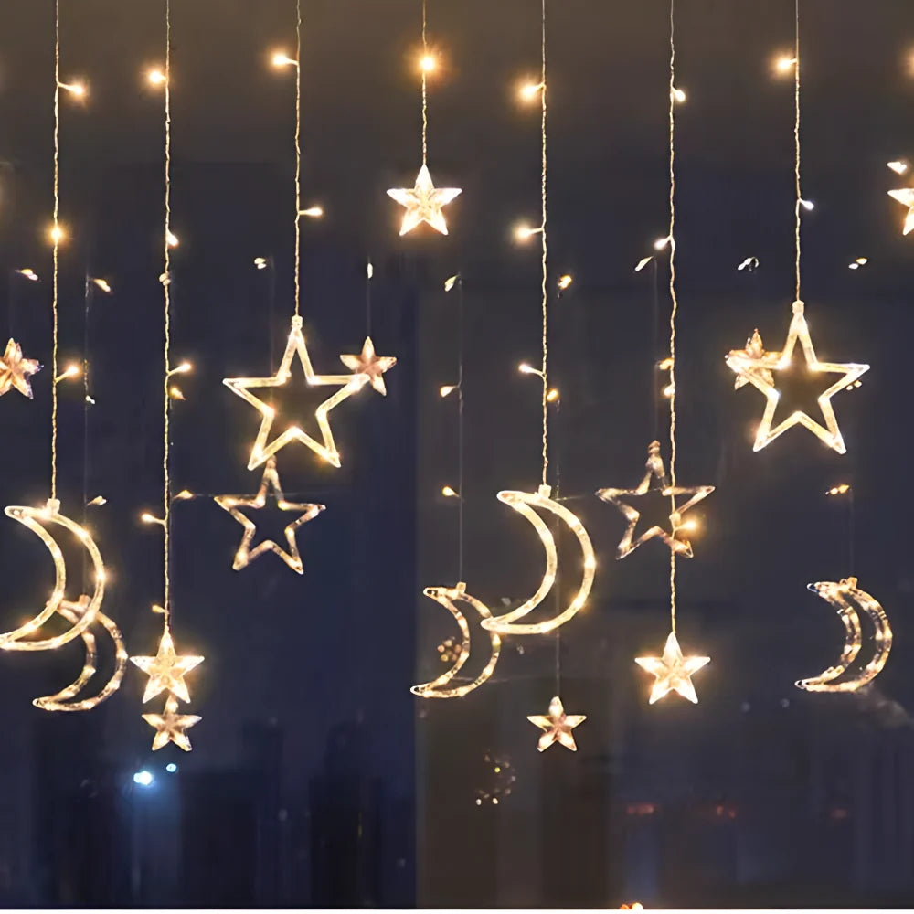 Star Curtain Lights Warm White Timer & Extra-Long Cord