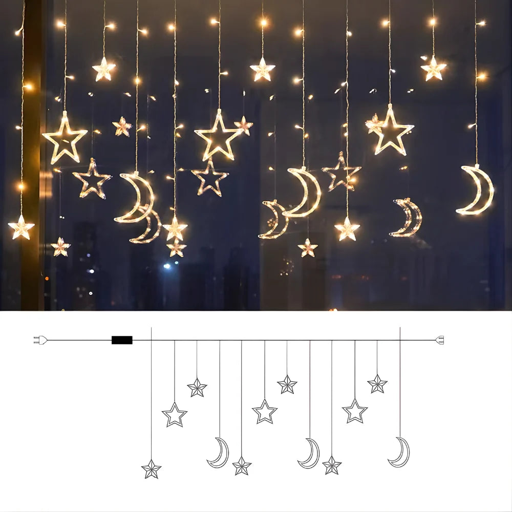 Star Curtain Lights Warm White Timer & Extra-Long Cord