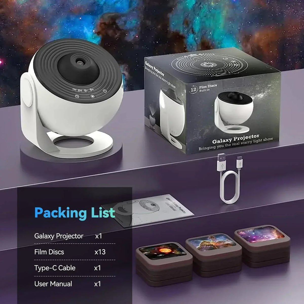 Starry Sky Projector 360° Rotation 13 Interchangeable Discs USB-C