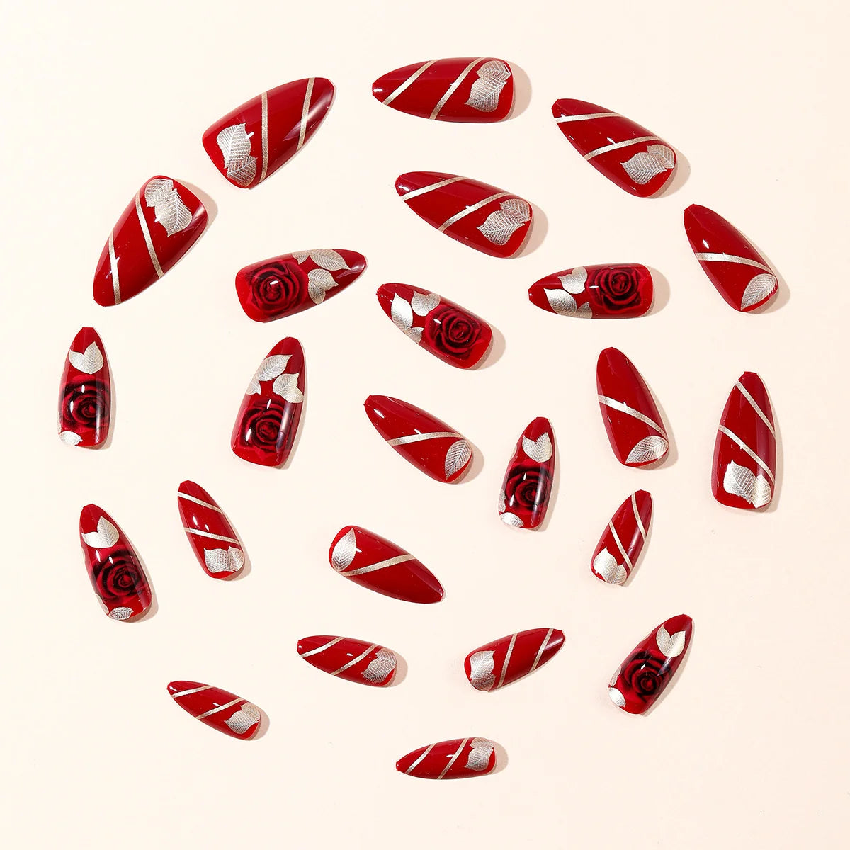 Stiletto Nail Extensions Acrylic 3D Rose & Gold Leaf