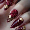 Stiletto Nail Extensions Acrylic 3D Rose & Gold Leaf