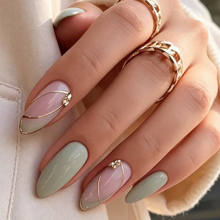 Stiletto Nail Extensions Acrylic Gold & Floral Set of 24