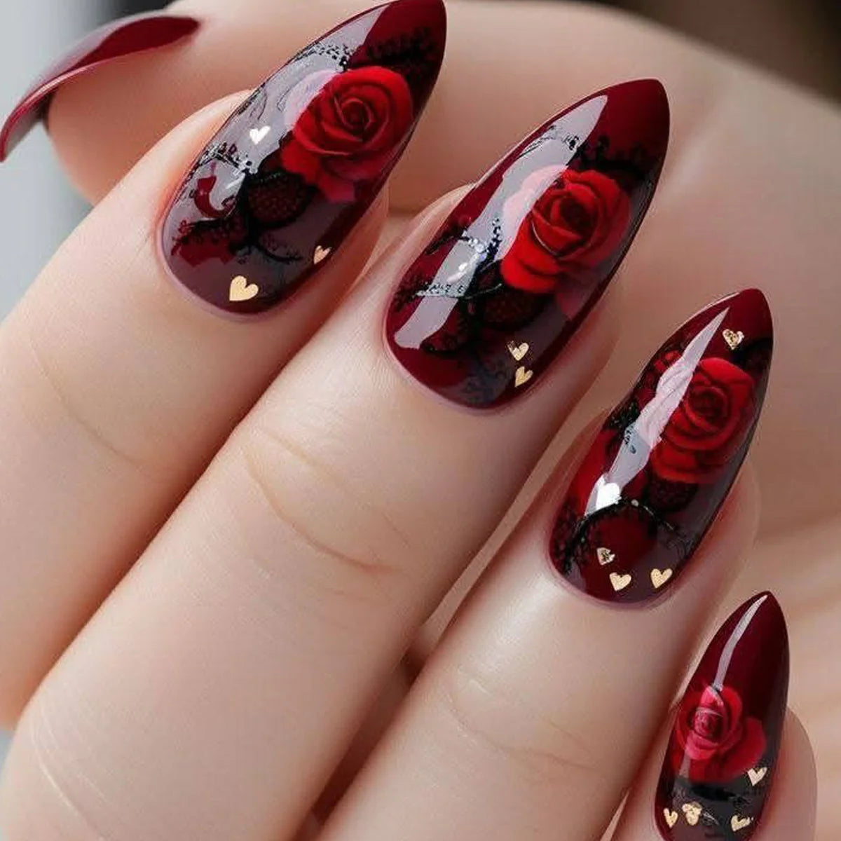 Stiletto Nail Extensions Floral Design Glossy Finish & Chip-Resistant
