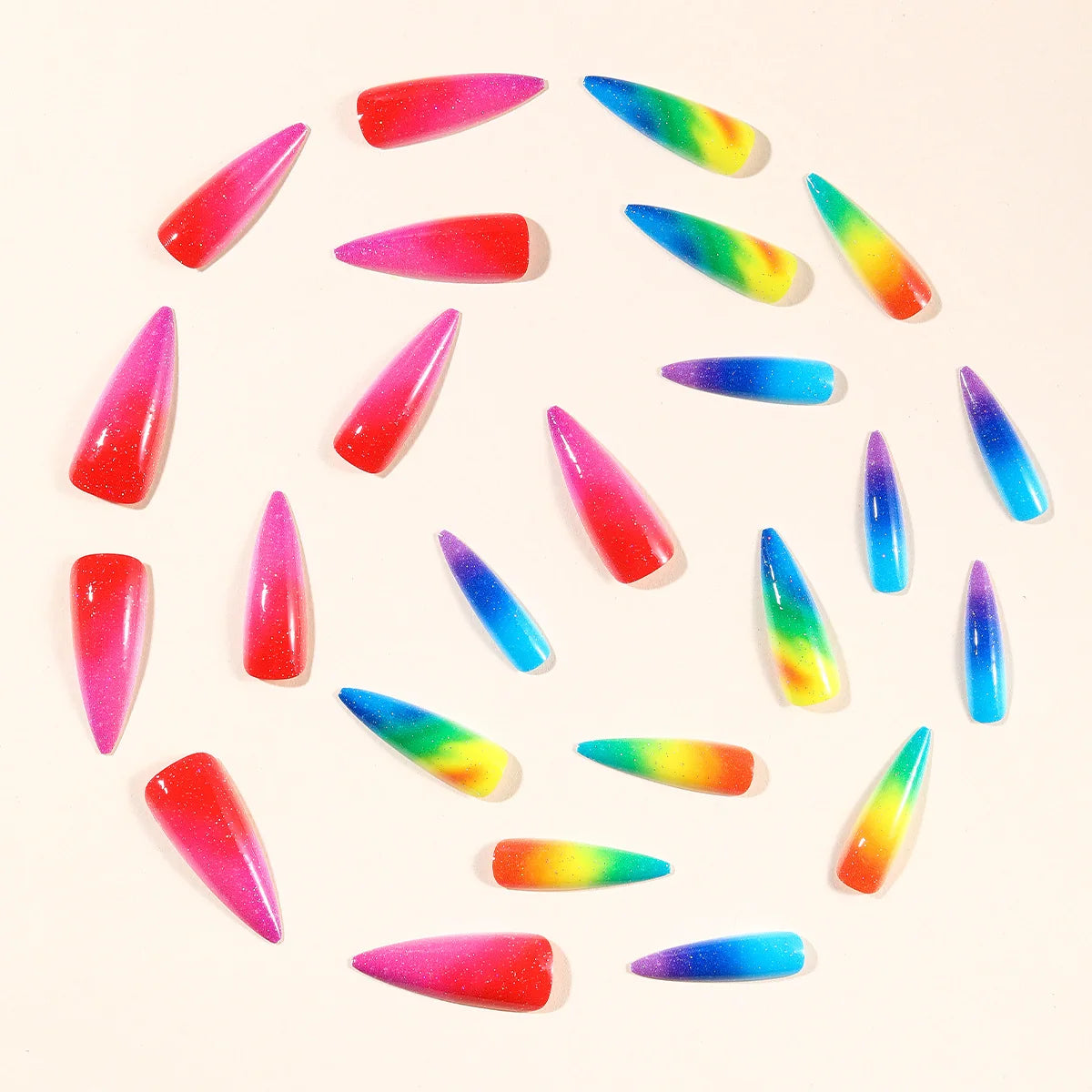 Stiletto Nail Extensions Rainbow Ombre Glitter Acrylic
