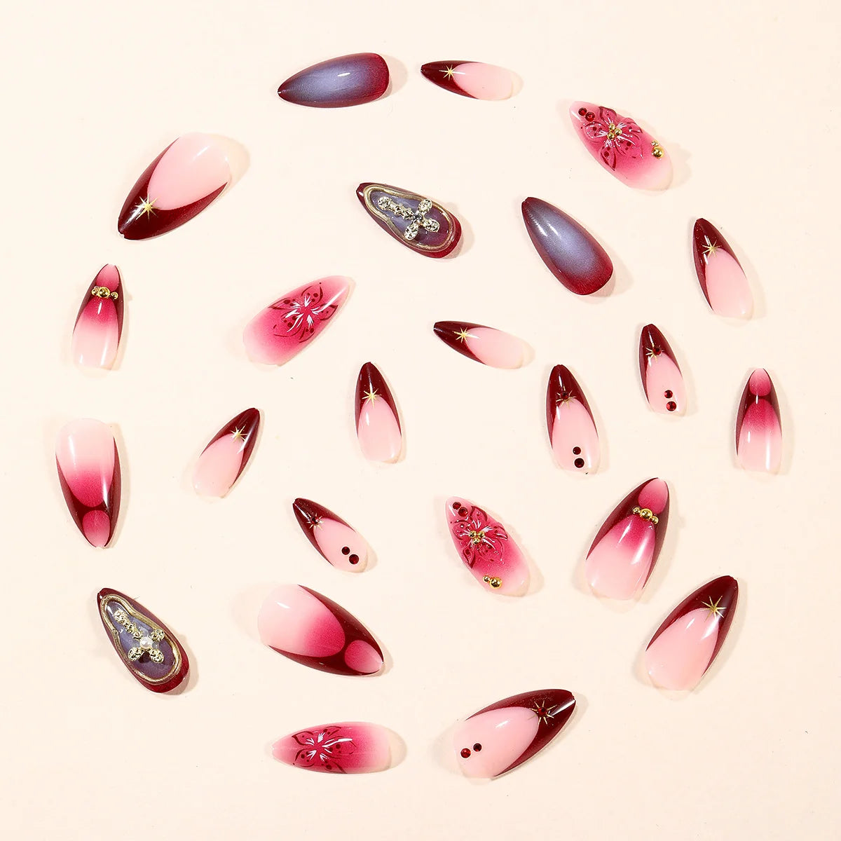 Stiletto Nail Extensions Red Floral Accent