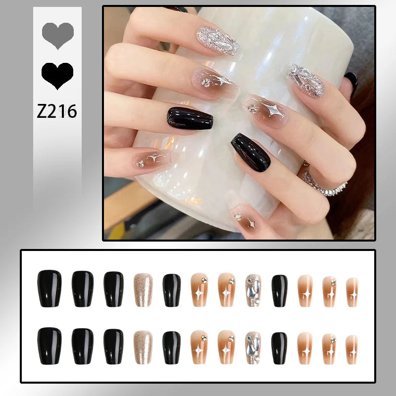 Stiletto Nail Tips Black Glitter & Crystal Glue-On