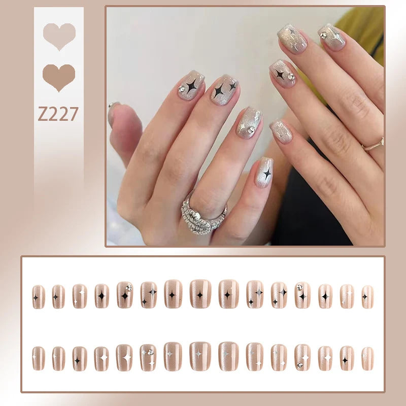Stiletto Nail Tips Black Glitter & Crystal Glue-On