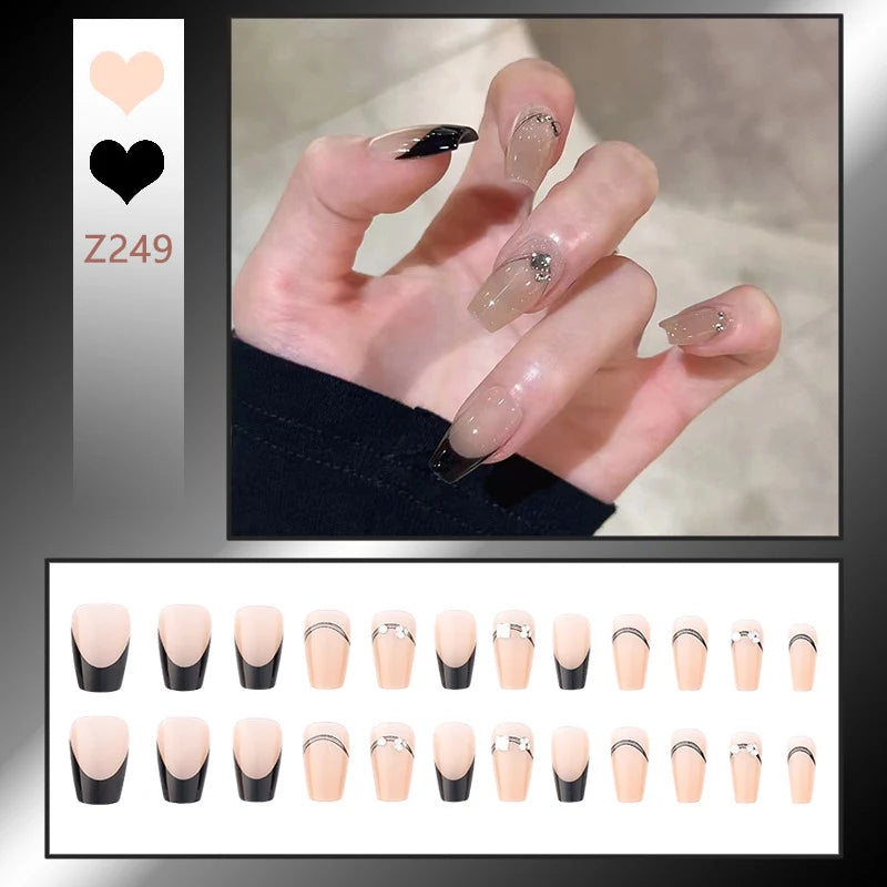 Stiletto Nail Tips Black Glitter & Crystal Glue-On