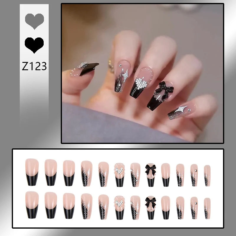Stiletto Nail Tips Black Glitter & Crystal Glue-On