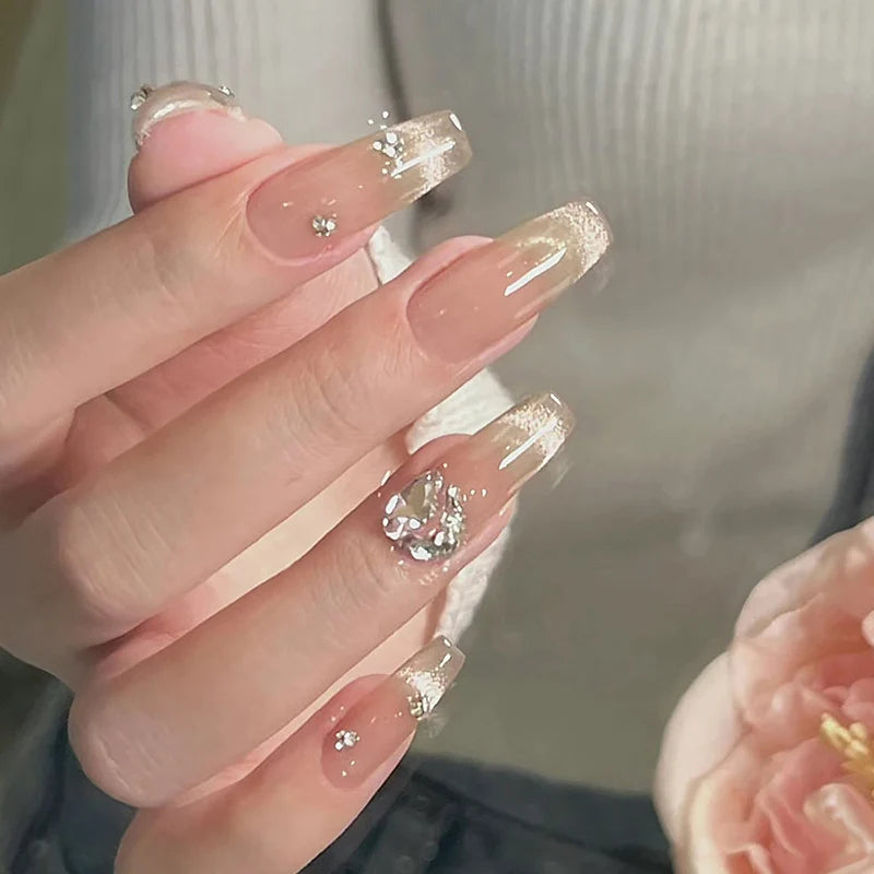 Stiletto Nail Tips Black Glitter & Crystal Glue-On