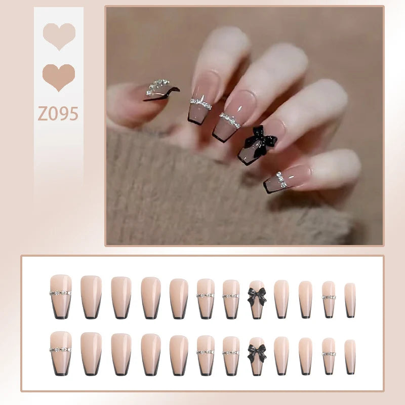 Stiletto Nail Tips Black Glitter & Crystal Glue-On