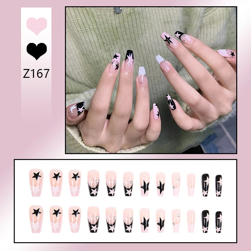 Stiletto Nail Tips Black Glitter & Crystal Glue-On