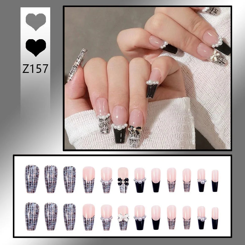 Stiletto Nail Tips Black Glitter & Crystal Glue-On