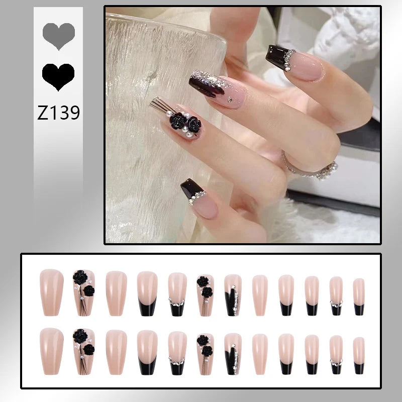 Stiletto Nail Tips Black Glitter & Crystal Glue-On