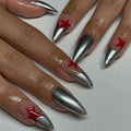 Stiletto Nails Silver Metallic Red Stars Acrylic