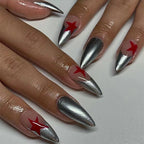 Stiletto Nails Silver Metallic Red Stars Acrylic