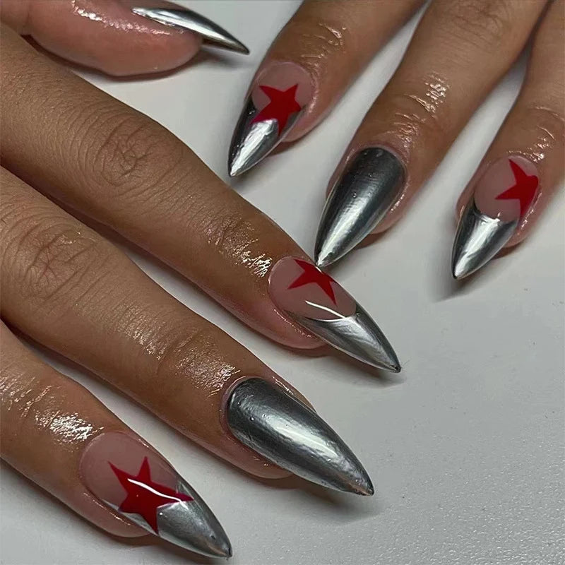 Stiletto Nails Silver Metallic Red Stars Acrylic