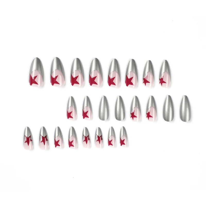 Stiletto Nails Silver Metallic Red Stars Acrylic