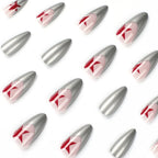 Stiletto Nails Silver Metallic Red Stars Acrylic