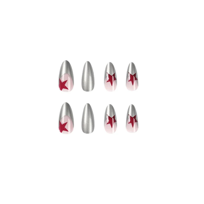 Stiletto Nails Silver Metallic Red Stars Acrylic