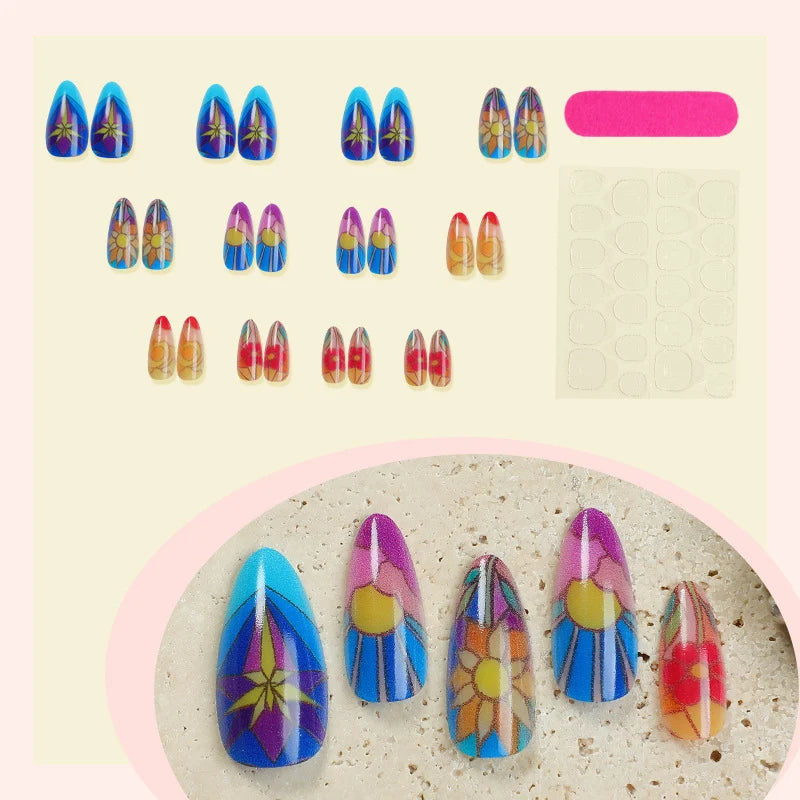 Stiletto Press-On Nail Set Floral Self-Adhesive & Reusable