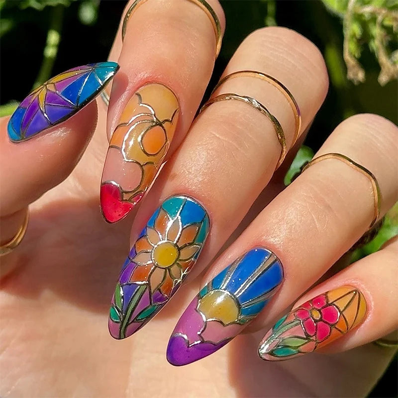 Stiletto Press-On Nail Set Floral Self-Adhesive & Reusable