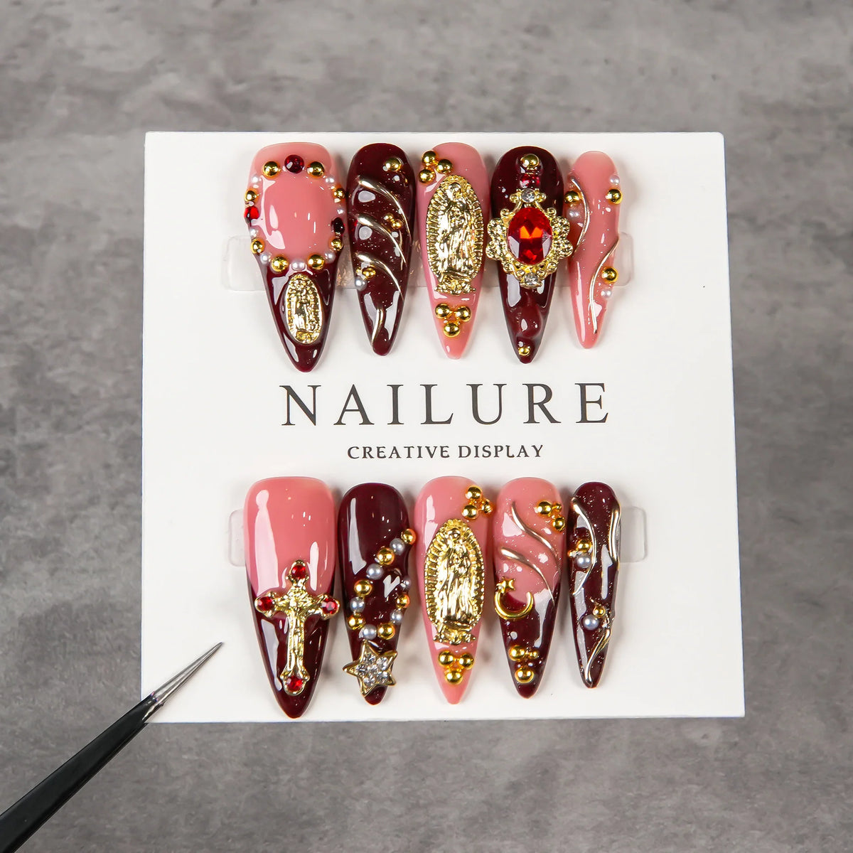 Stiletto Press-On Nail Set Gem Accents & Reusable