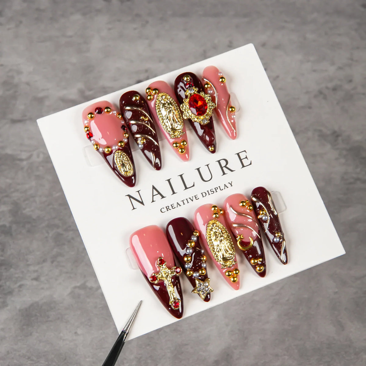 Stiletto Press-On Nail Set Gem Accents & Reusable