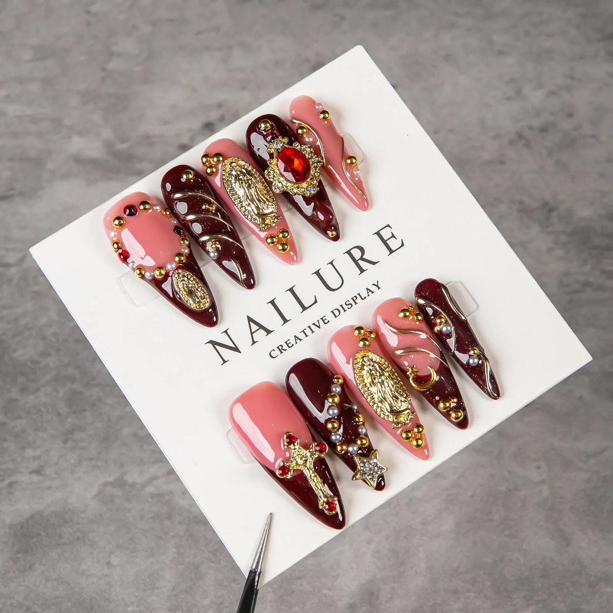 Stiletto Press-On Nail Set Gem Accents & Reusable