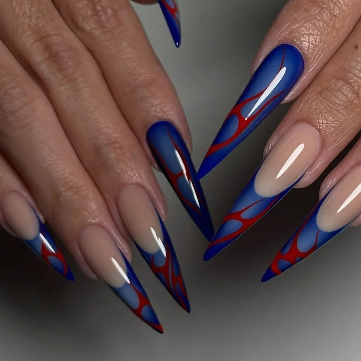 Stiletto Press-On Nails Blue & Red Accents Easy Apply